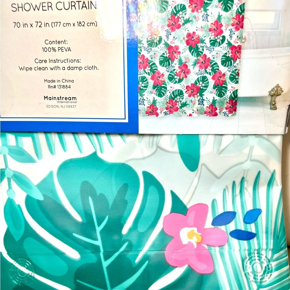 Tropical Fiesta Hibiscus Flowers & Leaves Peva Shower Curtain Pink Green